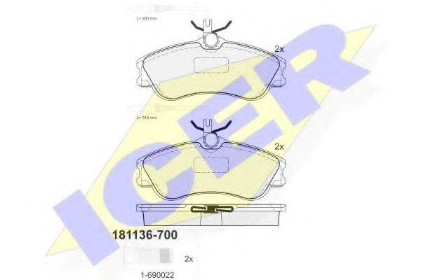 Комплект гальмівних колодок, дискове гальмо ICER 181136-700