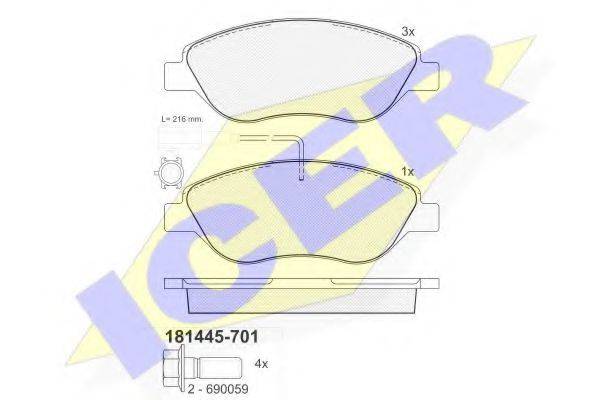 Комплект гальмівних колодок, дискове гальмо ICER 181445-701