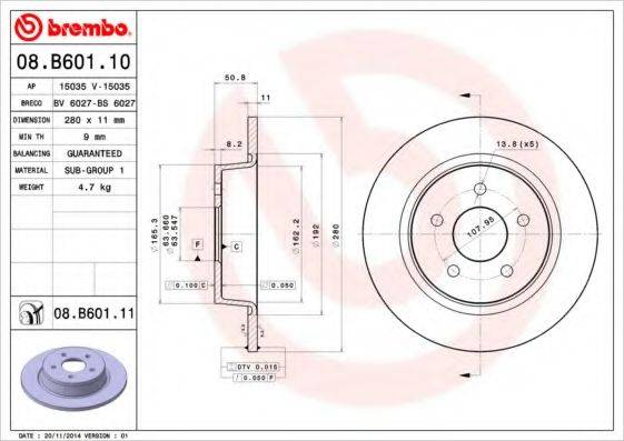 гальмівний диск BREMBO 08.B601.11