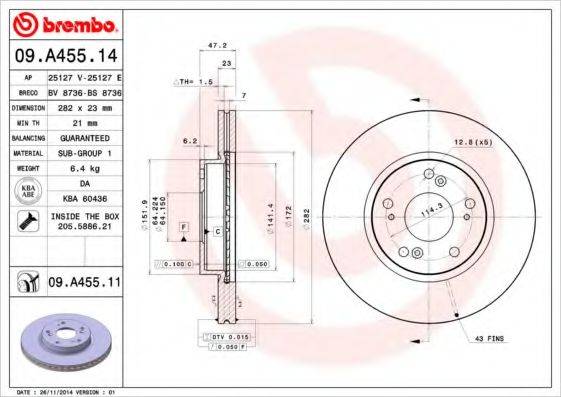 гальмівний диск BREMBO 09.A455.14